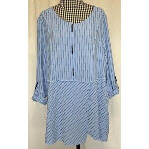 Ali Miles Top Women’s L Blue With Black Tunic Blouse Roll Tab Sleeves Pullover